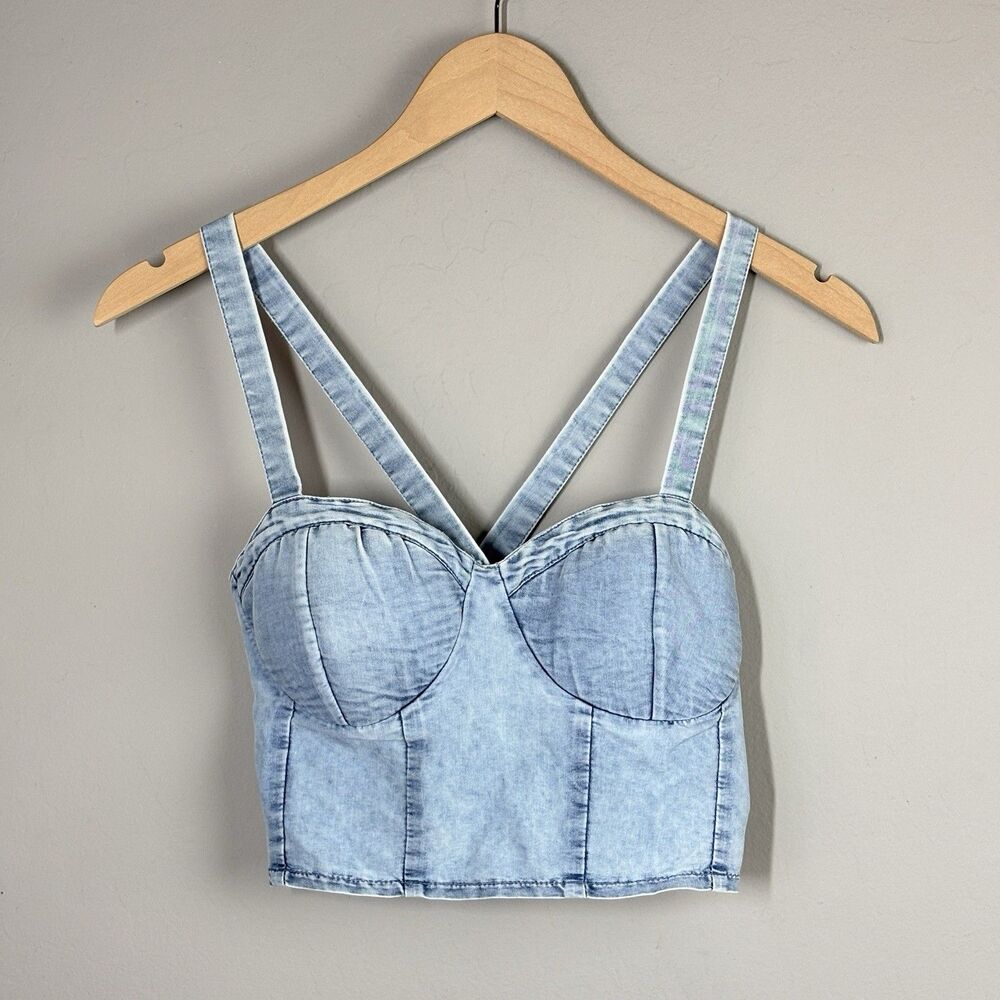 Band of Gypsies BOG Collective Corset Top M Blue Chambray Denim Smocked Crop